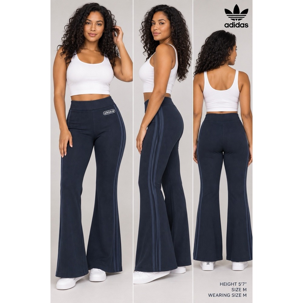 adidas Originals Rib Flare Pants Women M Navy Blue Stretch High Rise HL0055 NWT